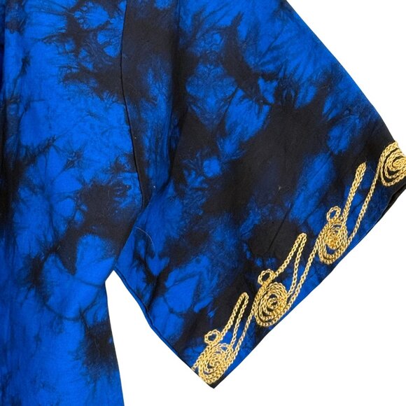 Handmade African Dashiki Shirt Small Blue Batik Tie Dye Gold Embroidered Pockets - Picture 9 of 9